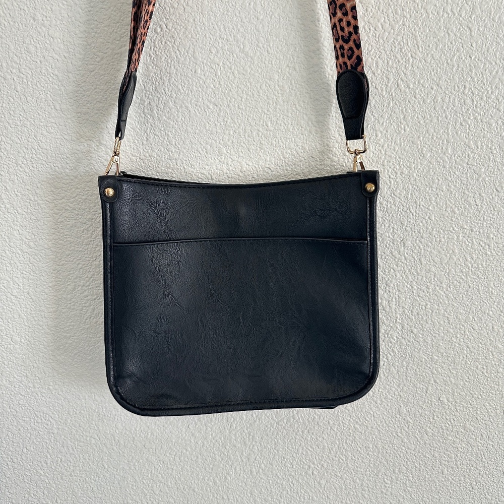 Black Leather Cross body bag with leopard print strap